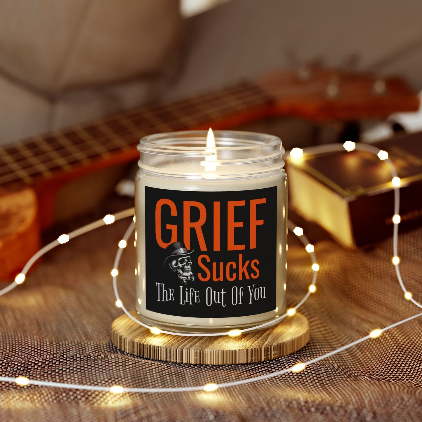 Grief Sucks The Life Out of You Skull in Tophat Scented 9 oz Candle