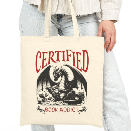 Certified Book Addict Tote Bag — Dragon Reading Canvas Tote, Book Lover Gift, School Bag for Fantasy Fan