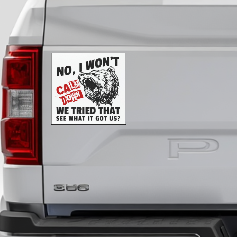 "No, I Won't Calm Down" — Growling Bear Car Magnet