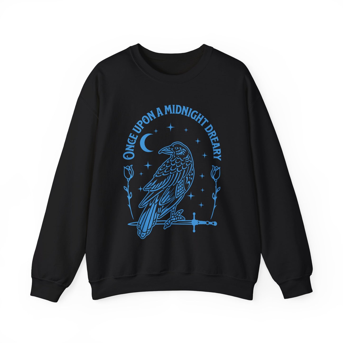 Poe Quote Midnight Raven Crewneck Sweatshirt — “Once Upon a Midnight Dreary” Gothic Pullover