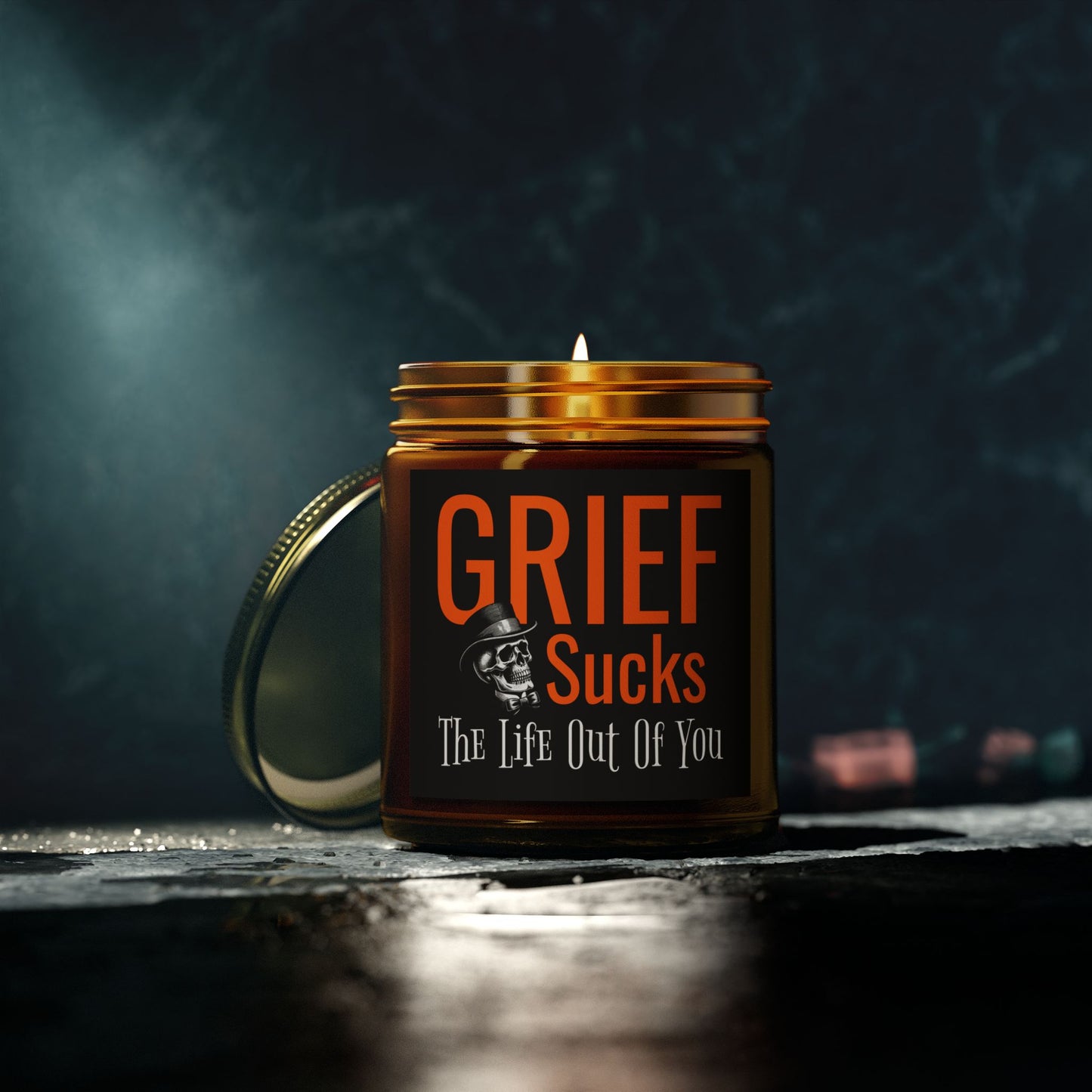 Grief Sucks The Life Out of You Skull in Tophat Scented 9 oz Candle