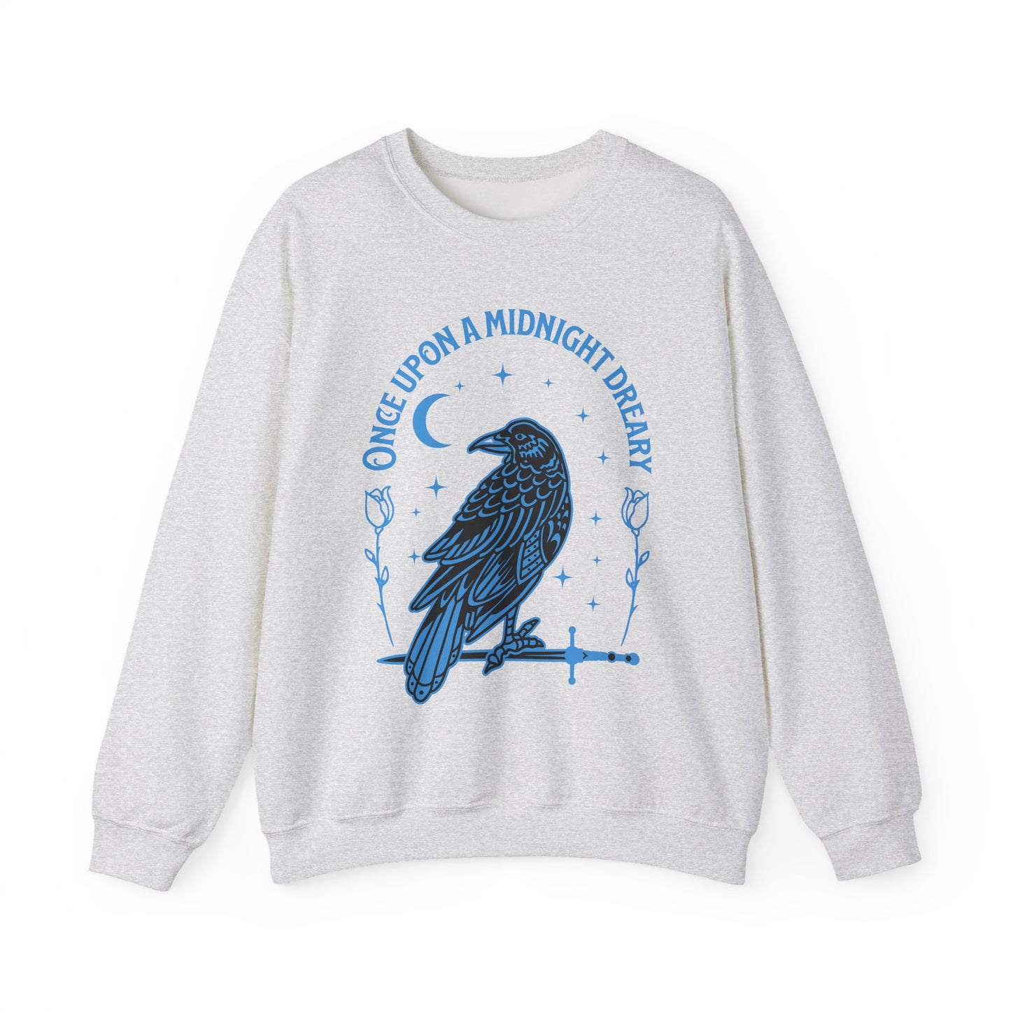 Poe Quote Midnight Raven Crewneck Sweatshirt — “Once Upon a Midnight Dreary” Gothic Pullover