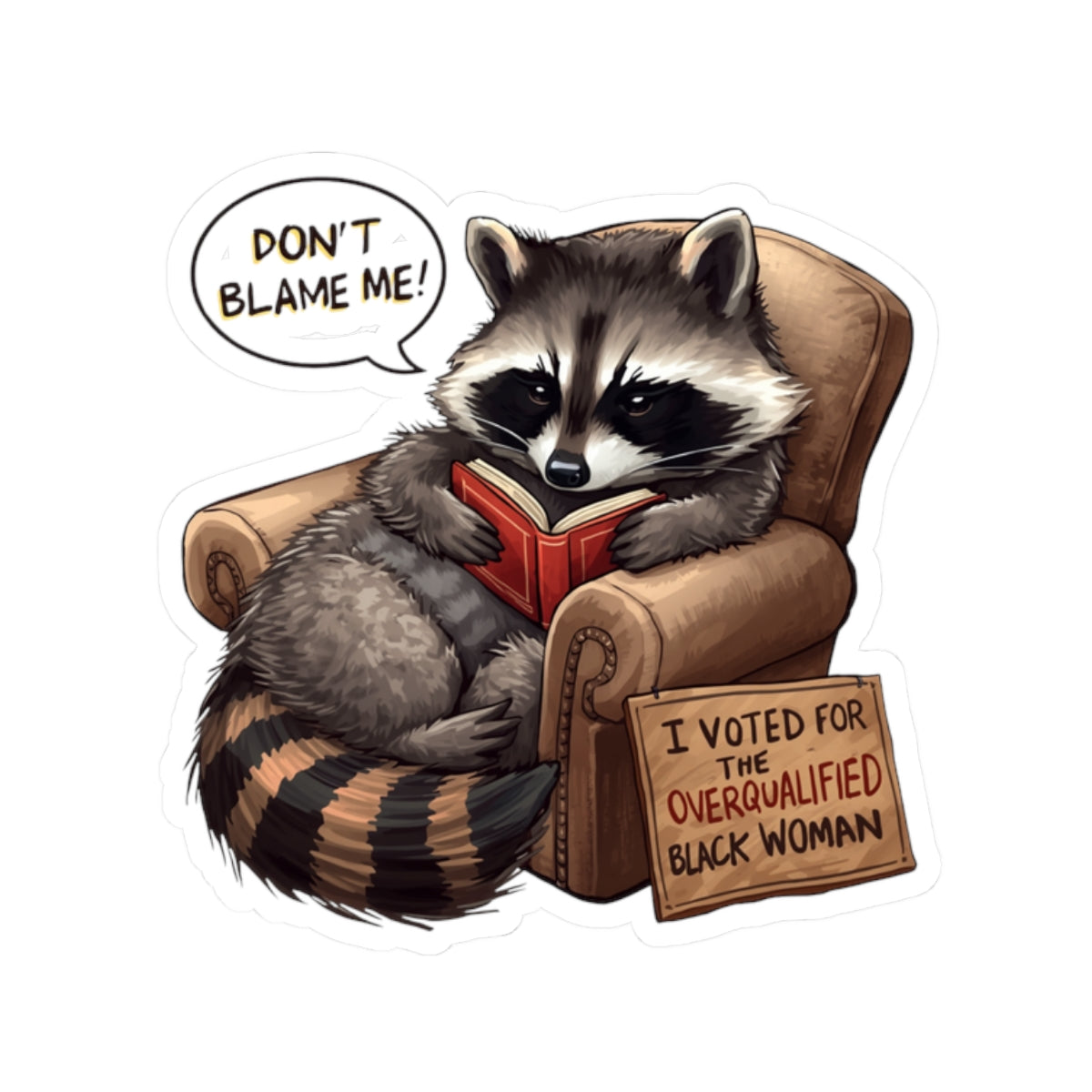 Raccoon Reading Political Anti-Trump Kiss-Cut Sticker, Democrat Feminist Anti Trump Decal, Leftist Meme Art for Laptop, Tumbler, Phone Case