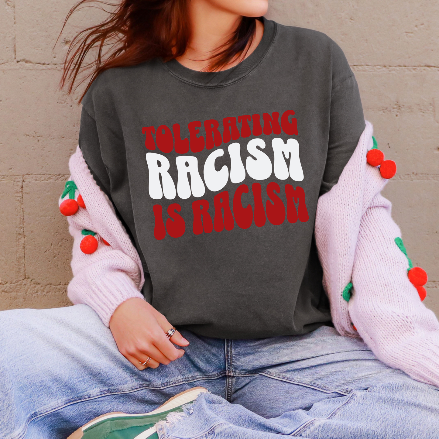 Tolerating Racism Is Racism Stacked Retro Graphic Comfort Colors T-Shirt