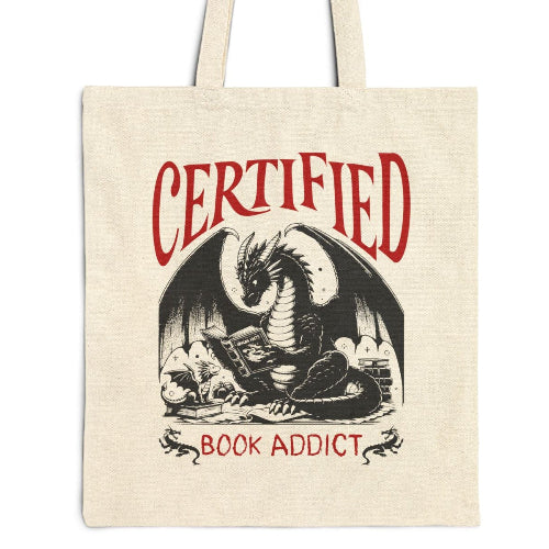Certified Book Addict Tote Bag — Dragon Reading Canvas Tote, Book Lover Gift, School Bag for Fantasy Fan