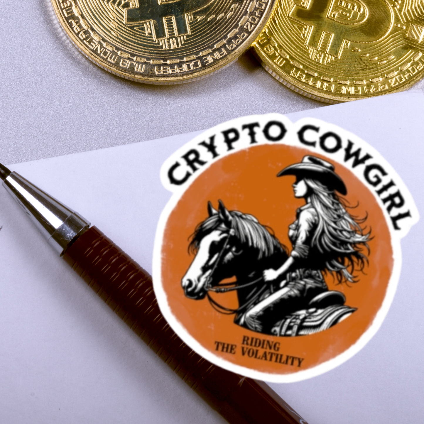 Crypto Cowgirl Bitcoin Kiss-Cut Sticker Riding the Volatility Design