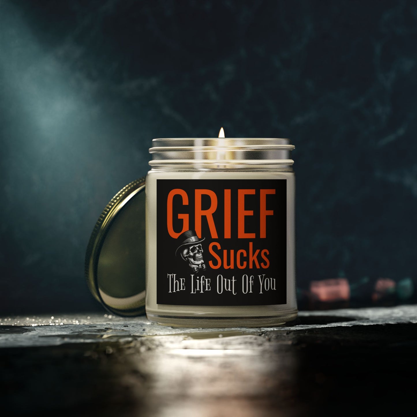 Grief Sucks The Life Out of You Skull in Tophat Scented 9 oz Candle