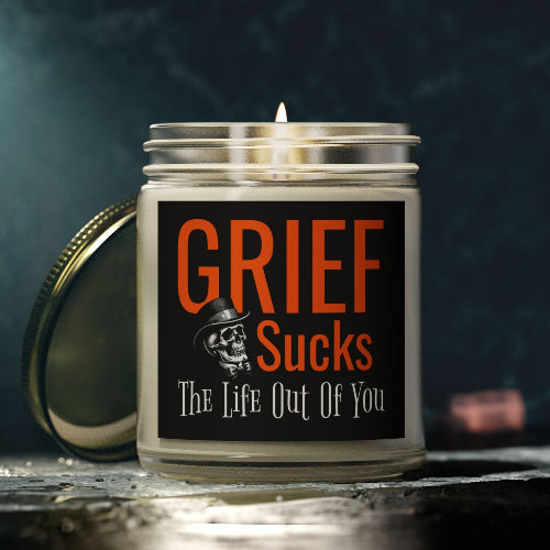 Grief Sucks The Life Out of You Skull in Tophat Scented 9 oz Candle
