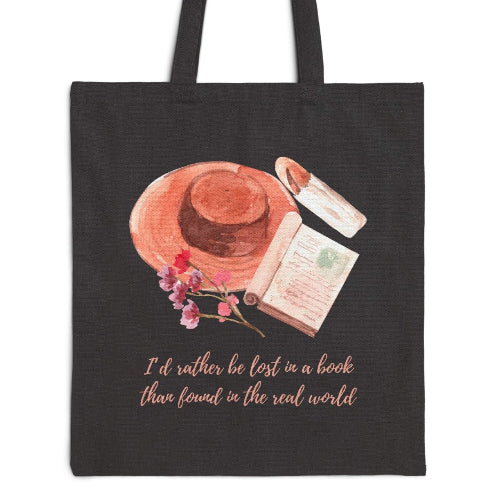 I'd Rather Be Lost in a Book Tote, Straw Hat, Book & Tea Illustration, Book Lover Gift, Teacher Librarian Bag