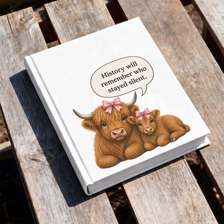 Democracy Quote Highland Cow Mom and Calf Kiss-Cut Stickers, History Will Remember Who Stayed Silent Decal