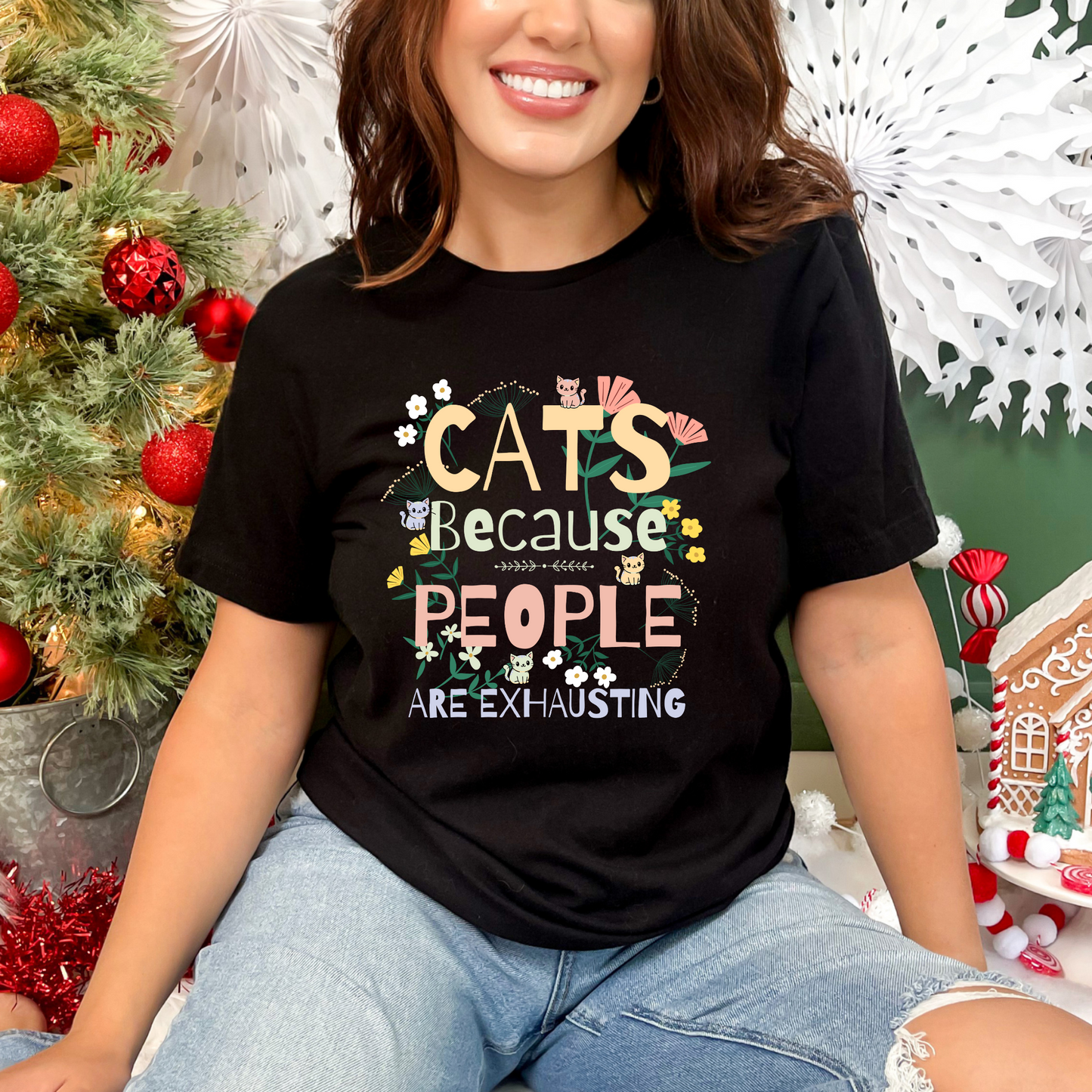 Floral Cats, Because People Are Exhausting Tee