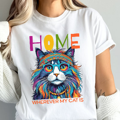 Home Wherever My Cat Is Colorful Cat T-Shirt