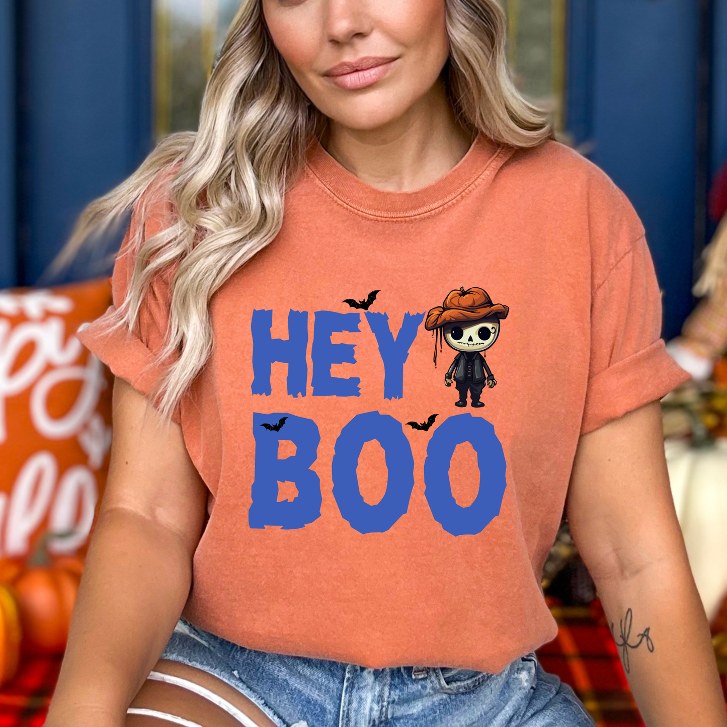 Hey Boo Halloween Scarecrow Graphic Comfort Colors T-Shirt
