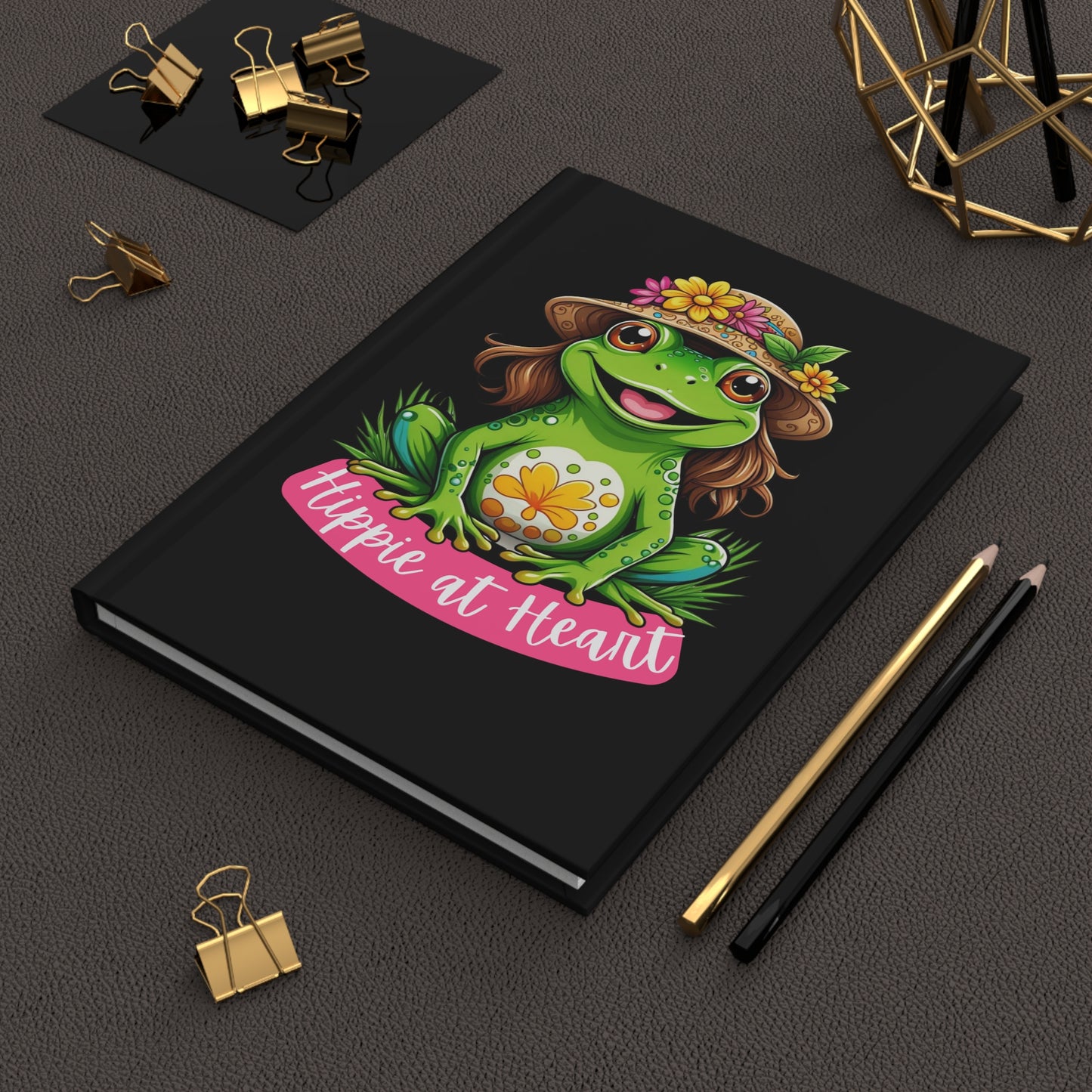 Hippie at Heart Hardcover Journal — Cute Frog Floral Boho Notebook