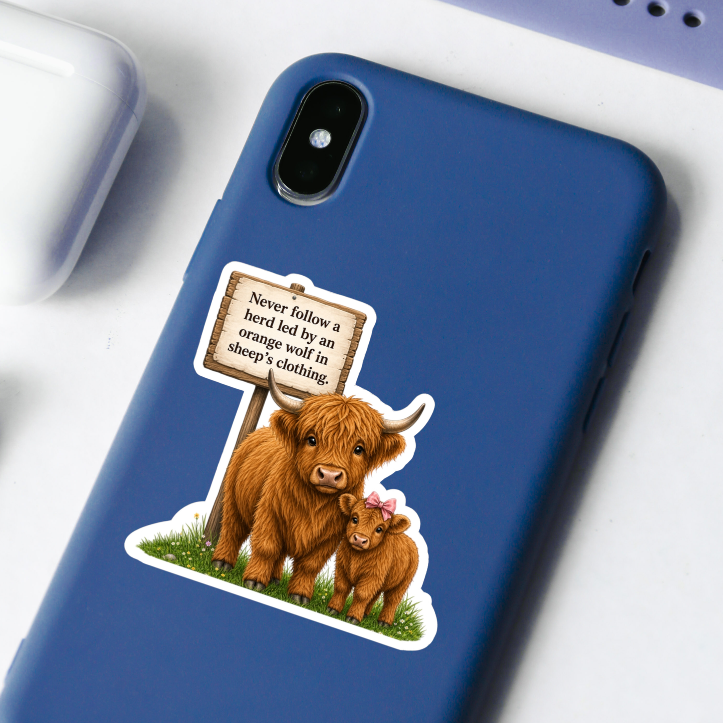 Political Satire Anti-Trump Highland Cow Mama and Calf Sticker