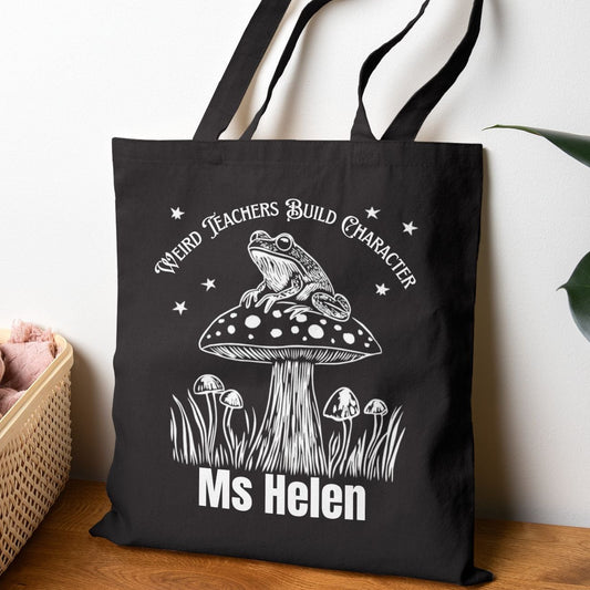 Personalized Teacher Tote Bag - "Weird Teachers Build Character" Toadstool & Frog Canvas Tote