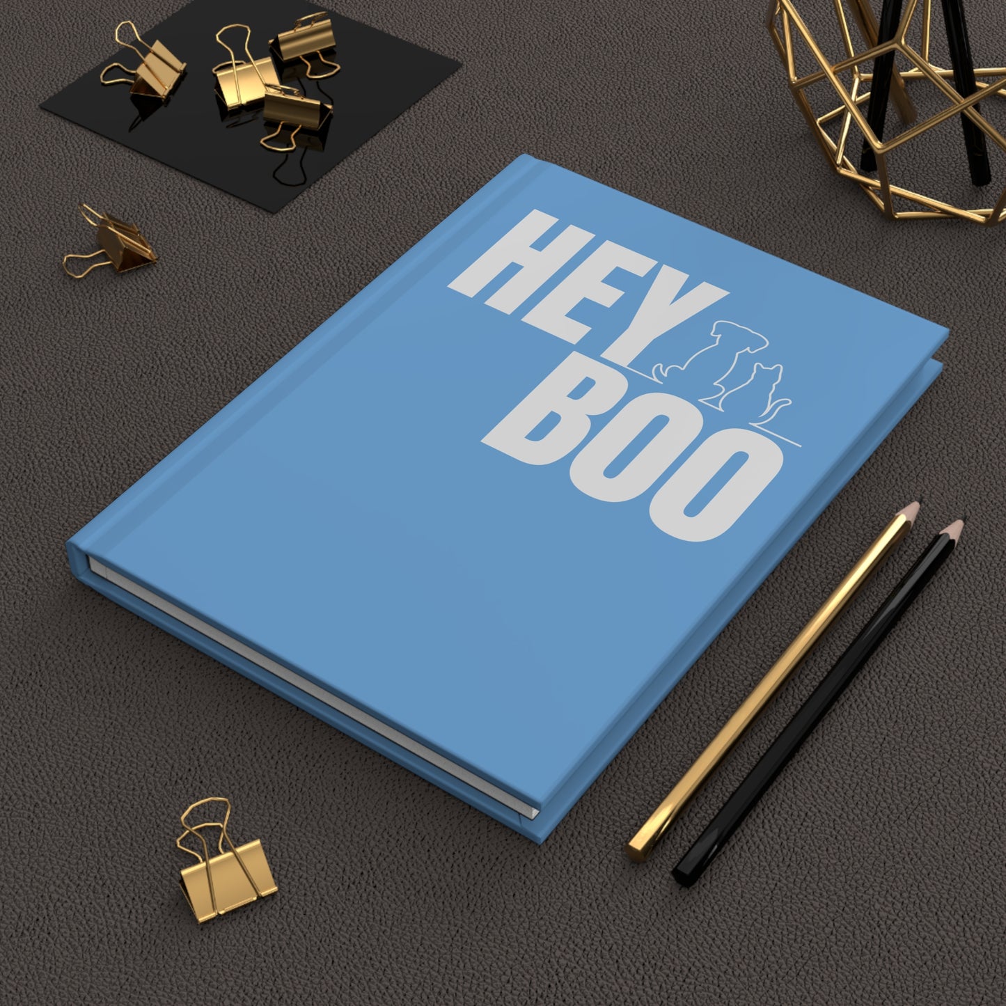 HEY BOO Pet-Themed Hardcover Journal — Cute Dog & Cat Silhouette Notebook