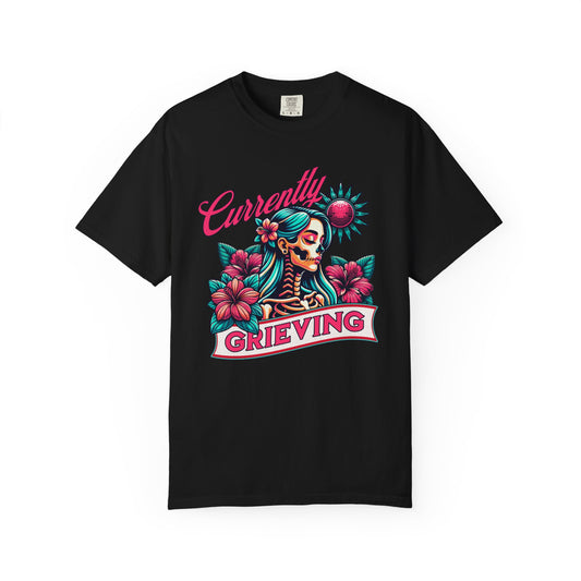 "Currently Grieving" — Skeleton Mourner Floral Tee