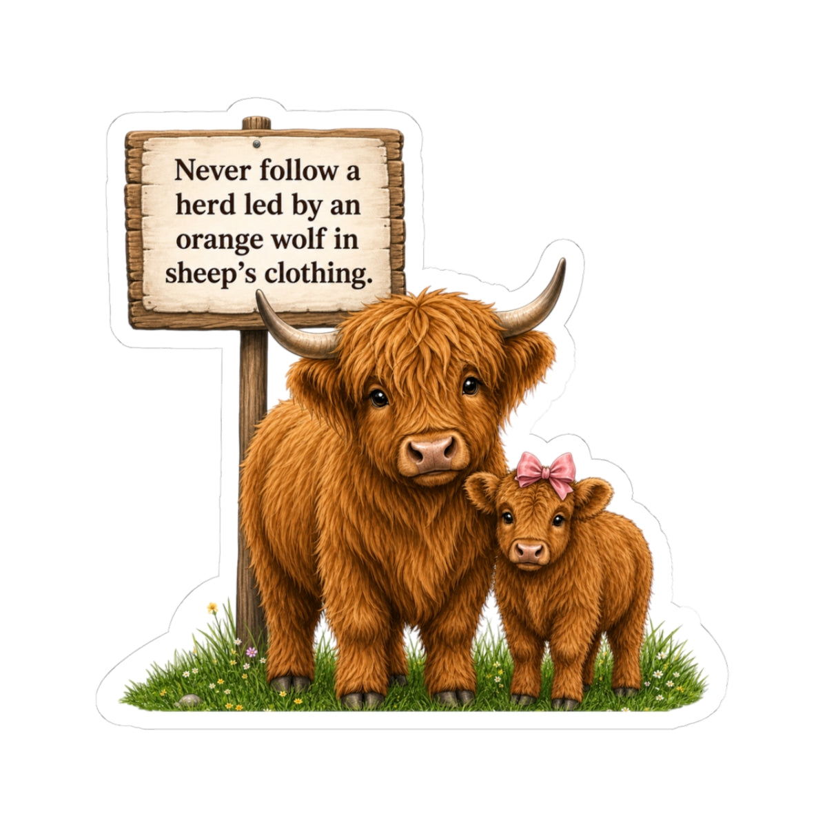 Political Satire Anti-Trump Highland Cow Mama and Calf Sticker
