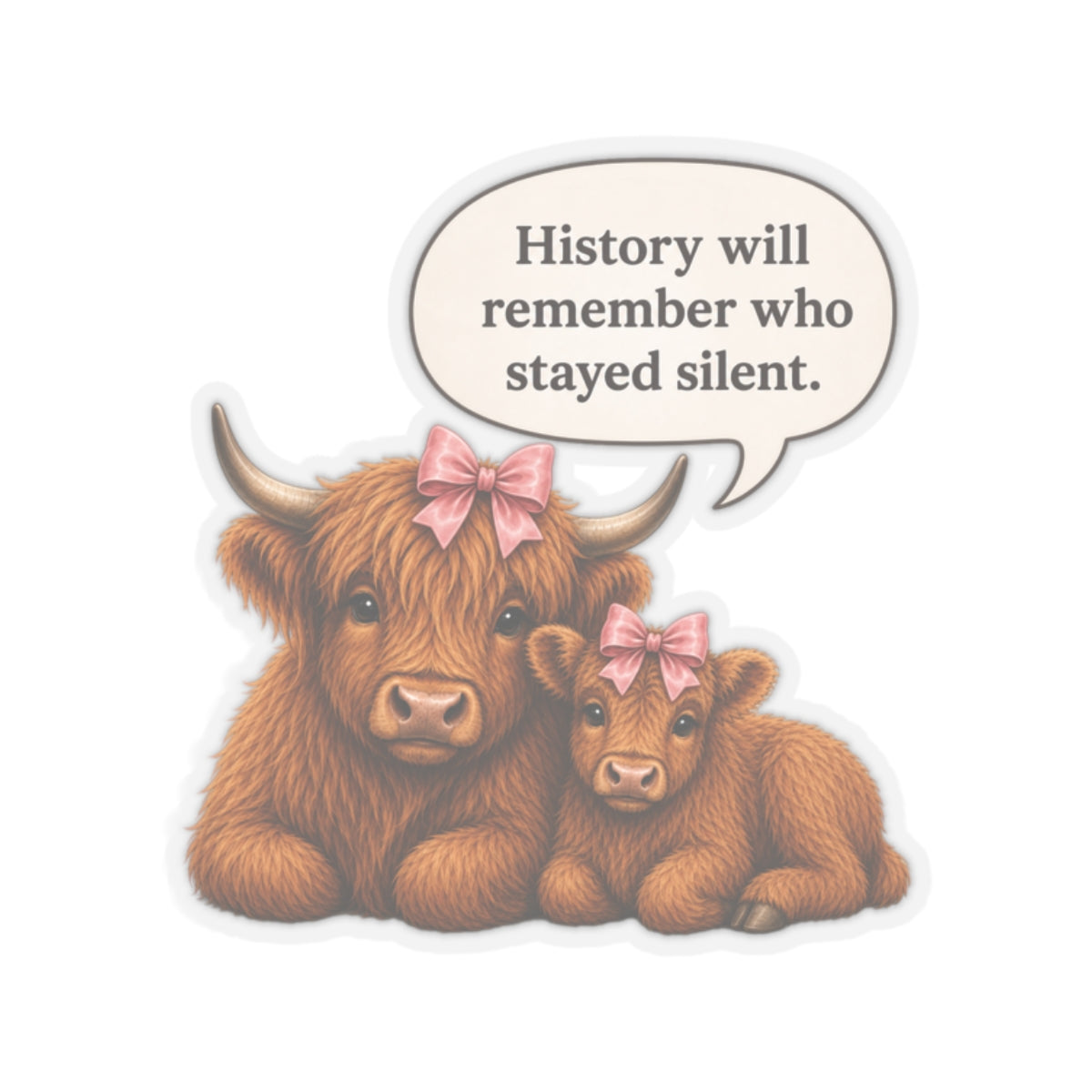 Democracy Quote Highland Cow Mom and Calf Kiss-Cut Stickers, History Will Remember Who Stayed Silent Decal