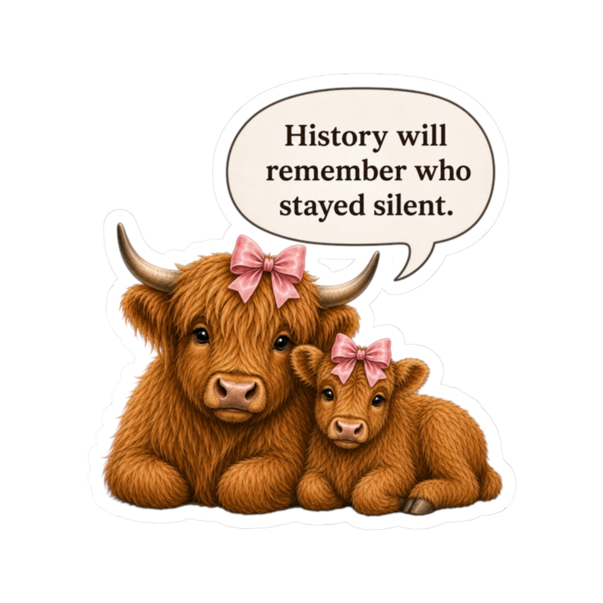Democracy Quote Highland Cow Mom and Calf Kiss-Cut Stickers, History Will Remember Who Stayed Silent Decal