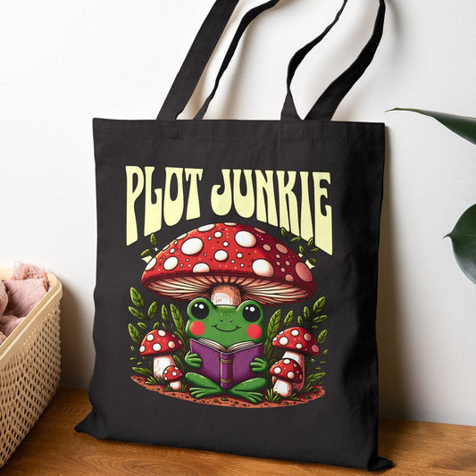 Plot Junkie Frogcore Toadstool Tote Bag, Reader, Book Lover Gift, Whimsical Frog Illustration