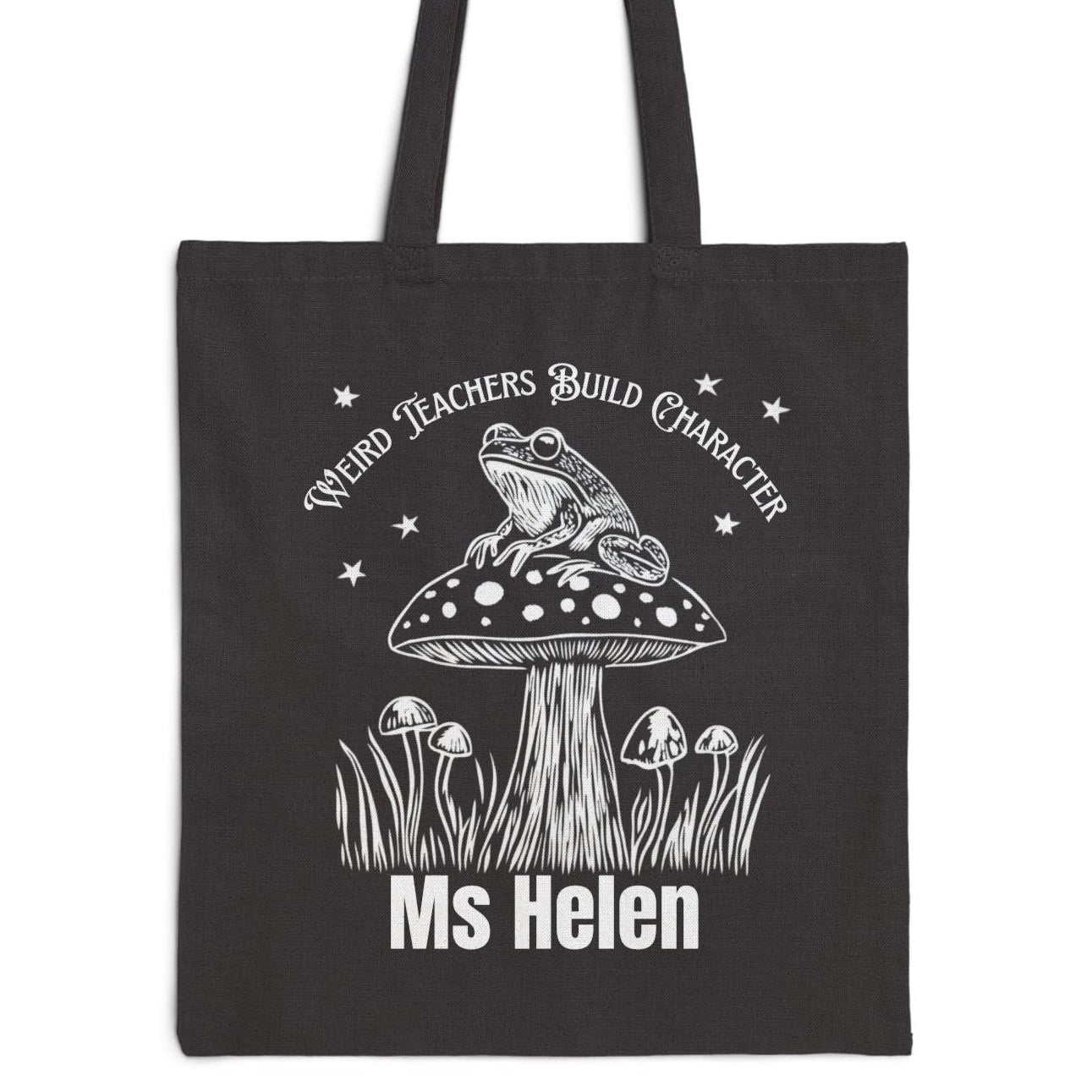 Personalized Teacher Tote Bag - "Weird Teachers Build Character" Toadstool & Frog Canvas Tote