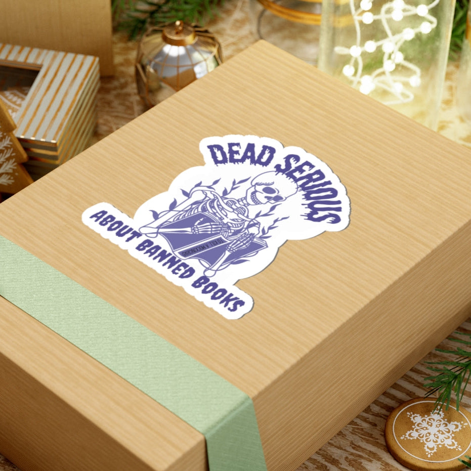 Dead Serious About Banned Books Kiss-Cut Sticker, Skeleton Reading Design, Anti Censorship Activist Librarian Gift Trending Dark Humor Decal