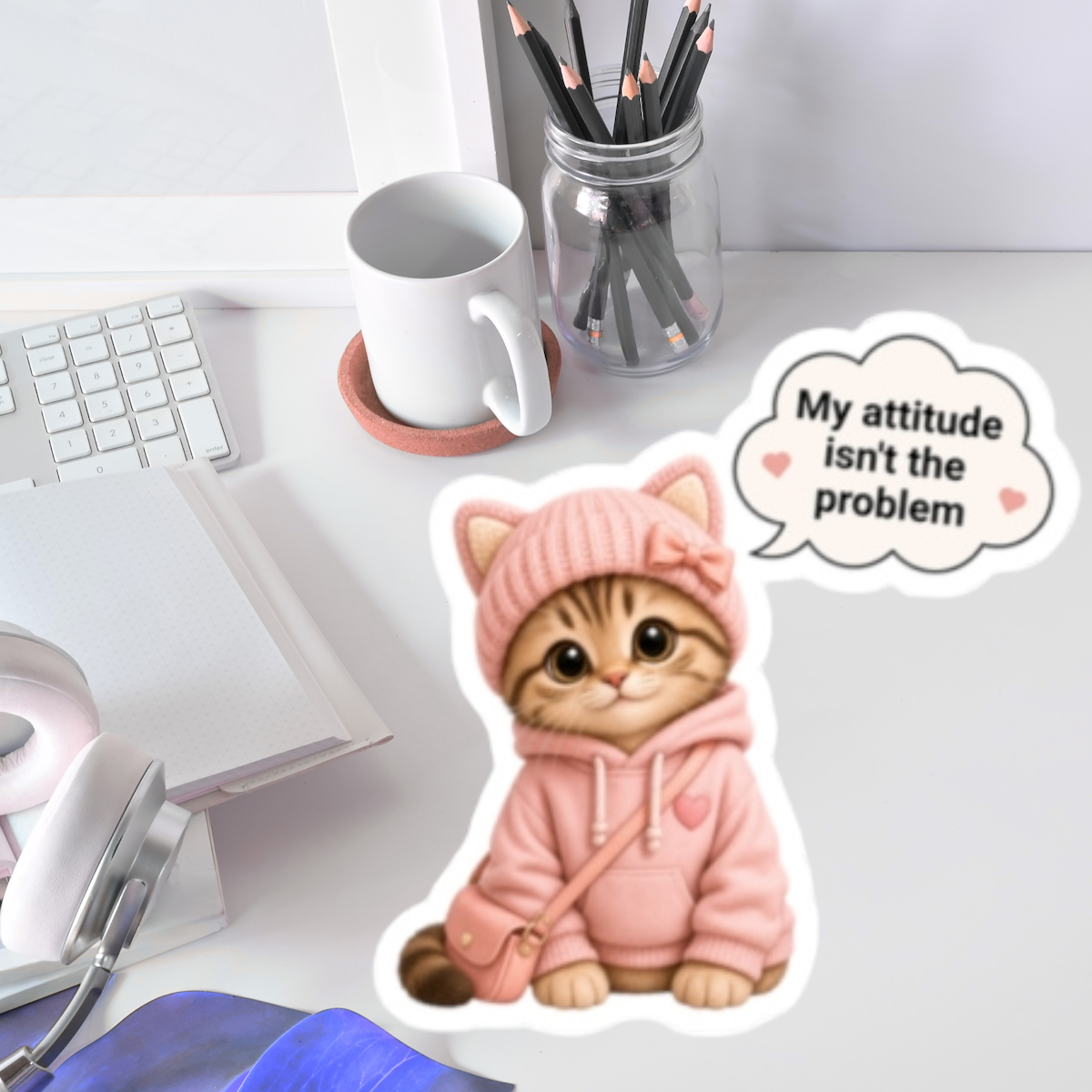 Funny Office Attitude Cat Sticker, Sweet Sassy Kitten