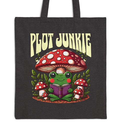 Plot Junkie Frogcore Toadstool Tote Bag, Reader, Book Lover Gift, Whimsical Frog Illustration