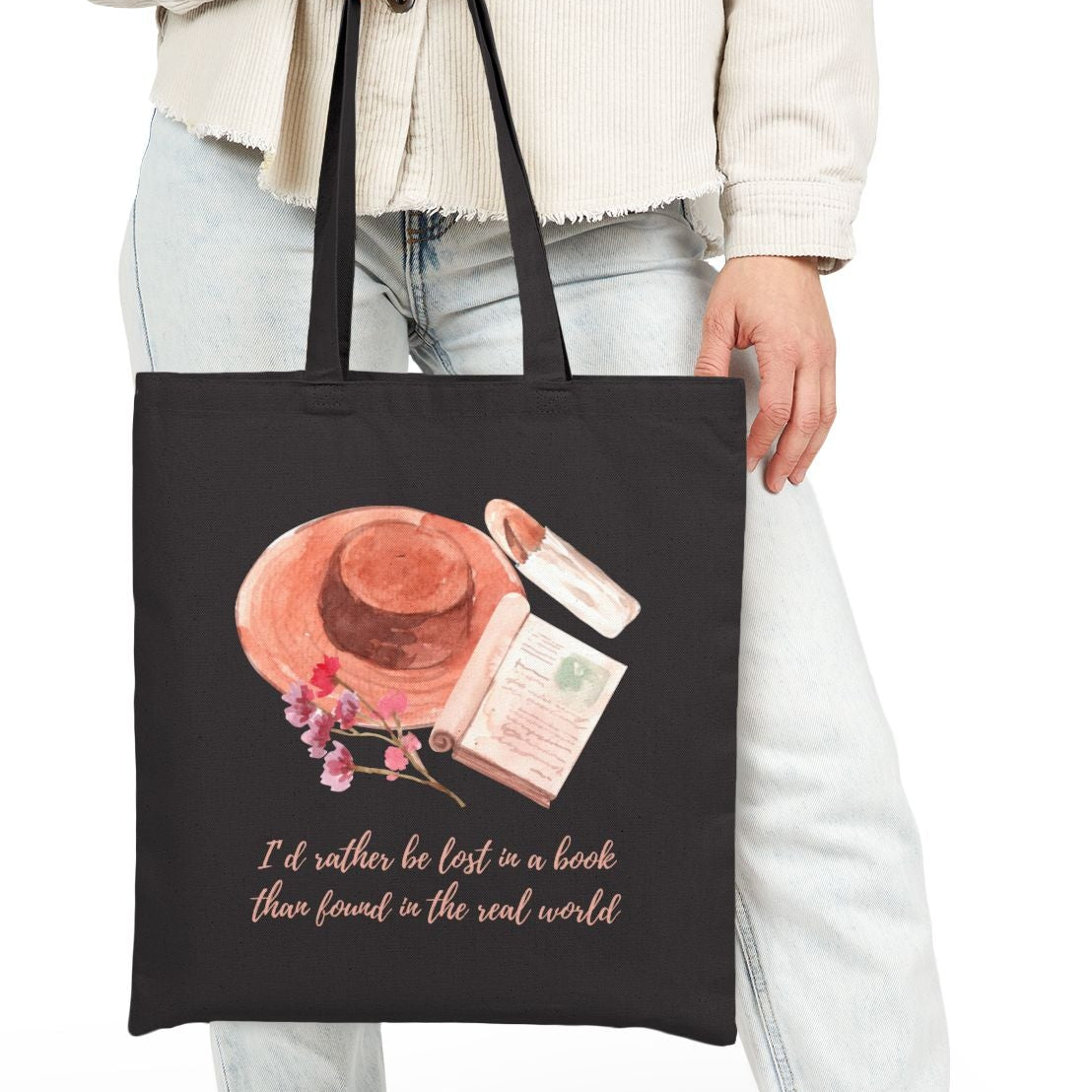 I'd Rather Be Lost in a Book Tote, Straw Hat, Book & Tea Illustration, Book Lover Gift, Teacher Librarian Bag