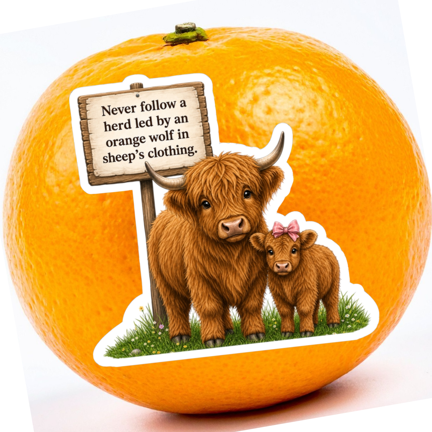 Political Satire Anti-Trump Highland Cow Mama and Calf Sticker