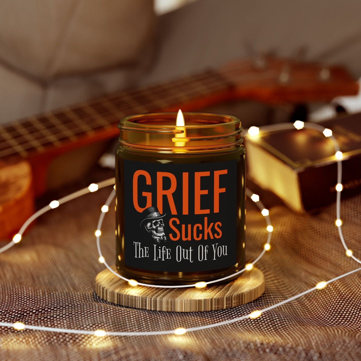 Grief Sucks The Life Out of You Skull in Tophat Scented 9 oz Candle