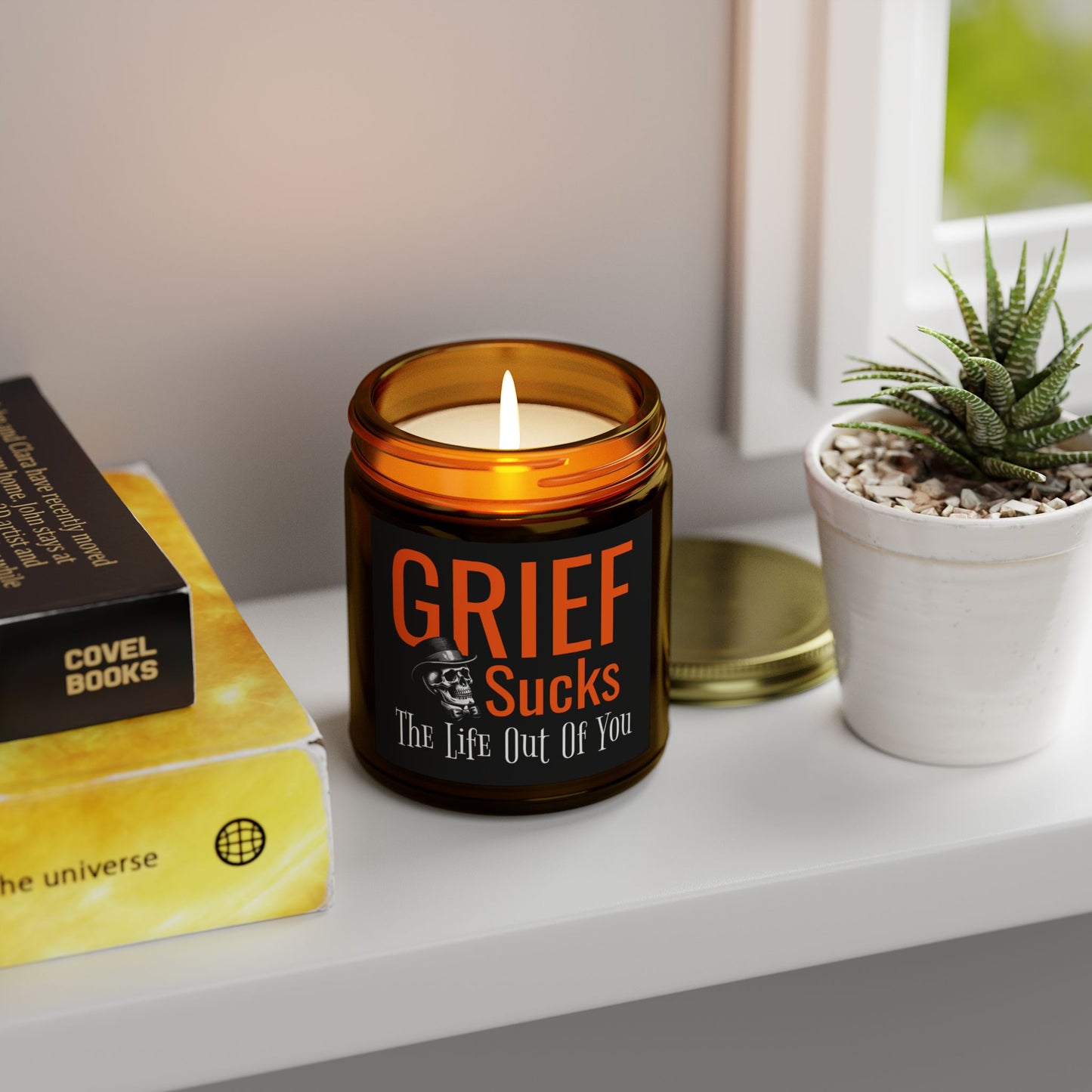 Grief Sucks The Life Out of You Skull in Tophat Scented 9 oz Candle