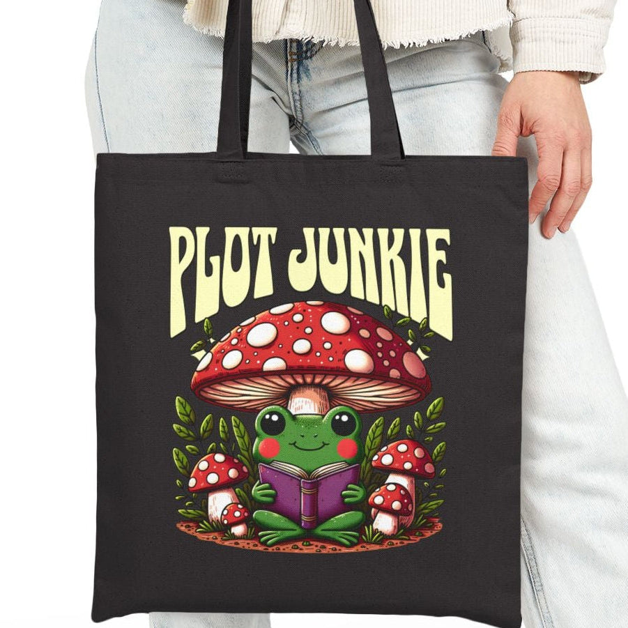 Plot Junkie Frogcore Toadstool Tote Bag, Reader, Book Lover Gift, Whimsical Frog Illustration