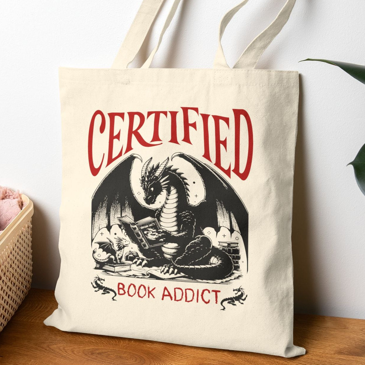Certified Book Addict Tote Bag — Dragon Reading Canvas Tote, Book Lover Gift, School Bag for Fantasy Fan