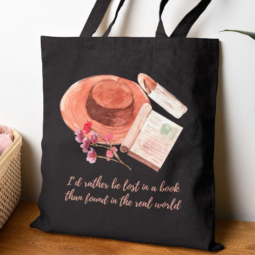 I'd Rather Be Lost in a Book Tote, Straw Hat, Book & Tea Illustration, Book Lover Gift, Teacher Librarian Bag