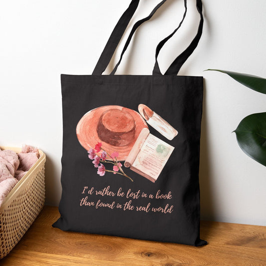I'd Rather Be Lost in a Book Tote, Straw Hat, Book & Tea Illustration, Book Lover Gift, Teacher Librarian Bag