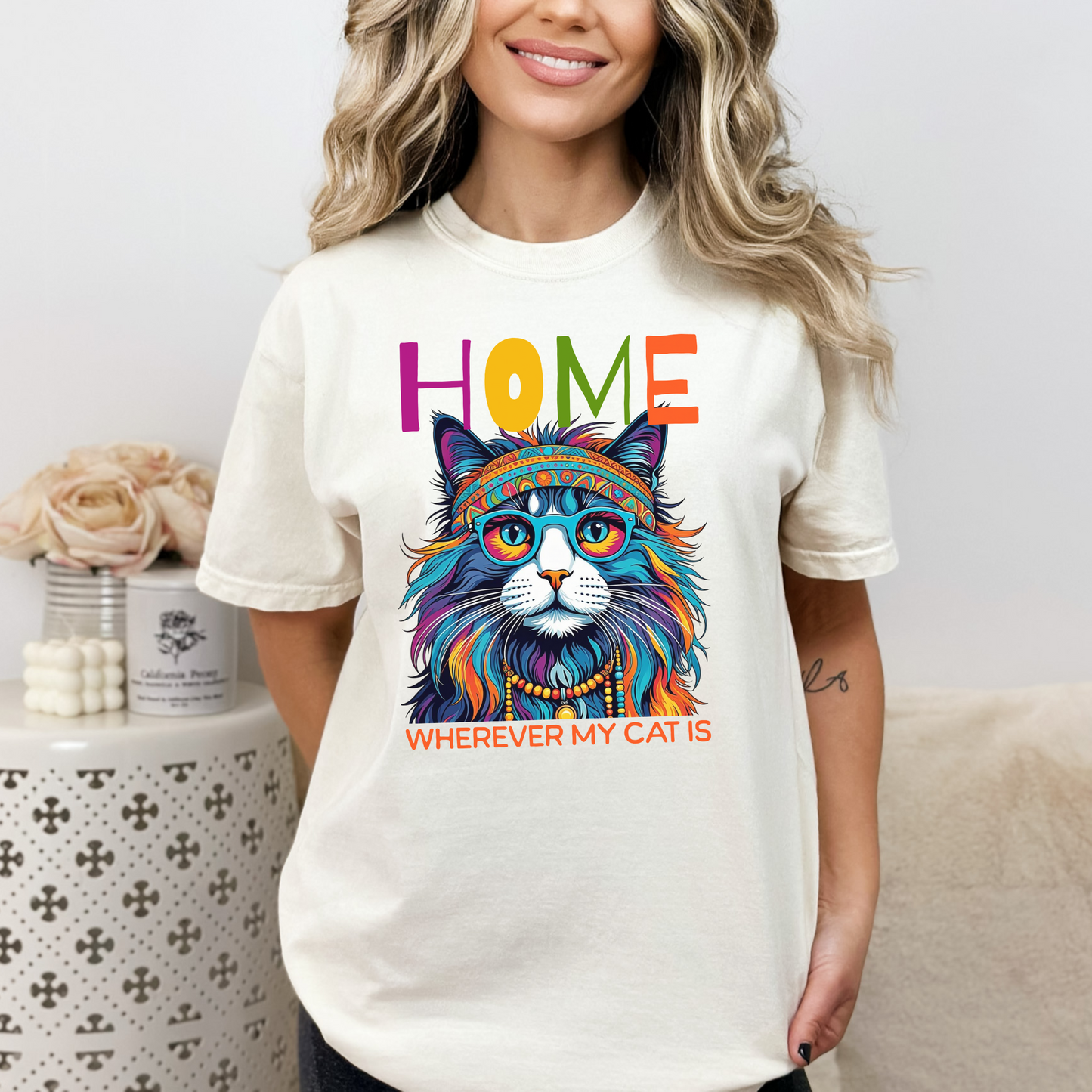 Home Wherever My Cat Is Colorful Cat T-Shirt