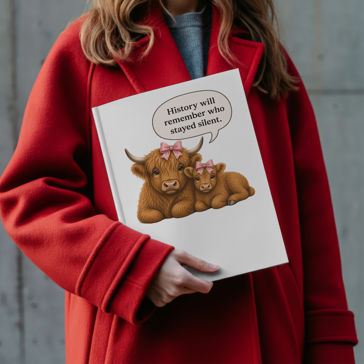 Democracy Quote Highland Cow Mom and Calf Kiss-Cut Stickers, History Will Remember Who Stayed Silent Decal