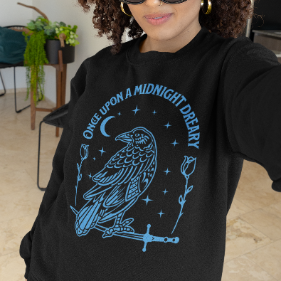 Poe Quote Midnight Raven Crewneck Sweatshirt — “Once Upon a Midnight Dreary” Gothic Pullover