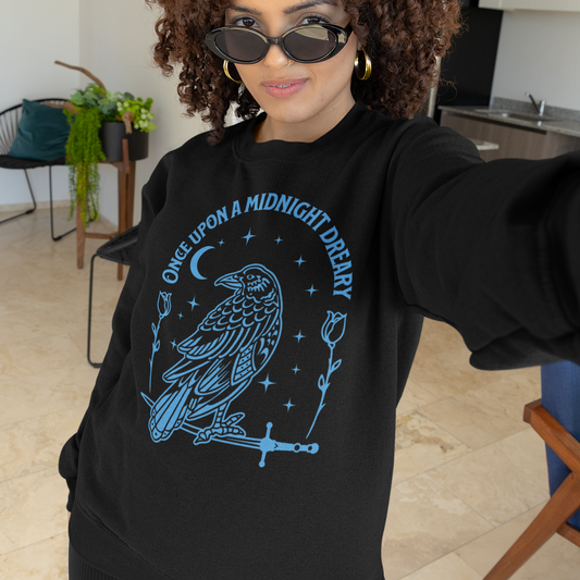 Poe Quote Midnight Raven Crewneck Sweatshirt — “Once Upon a Midnight Dreary” Gothic Pullover
