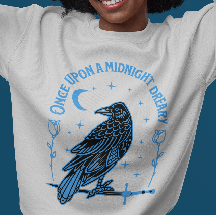 Poe Quote Midnight Raven Crewneck Sweatshirt — “Once Upon a Midnight Dreary” Gothic Pullover
