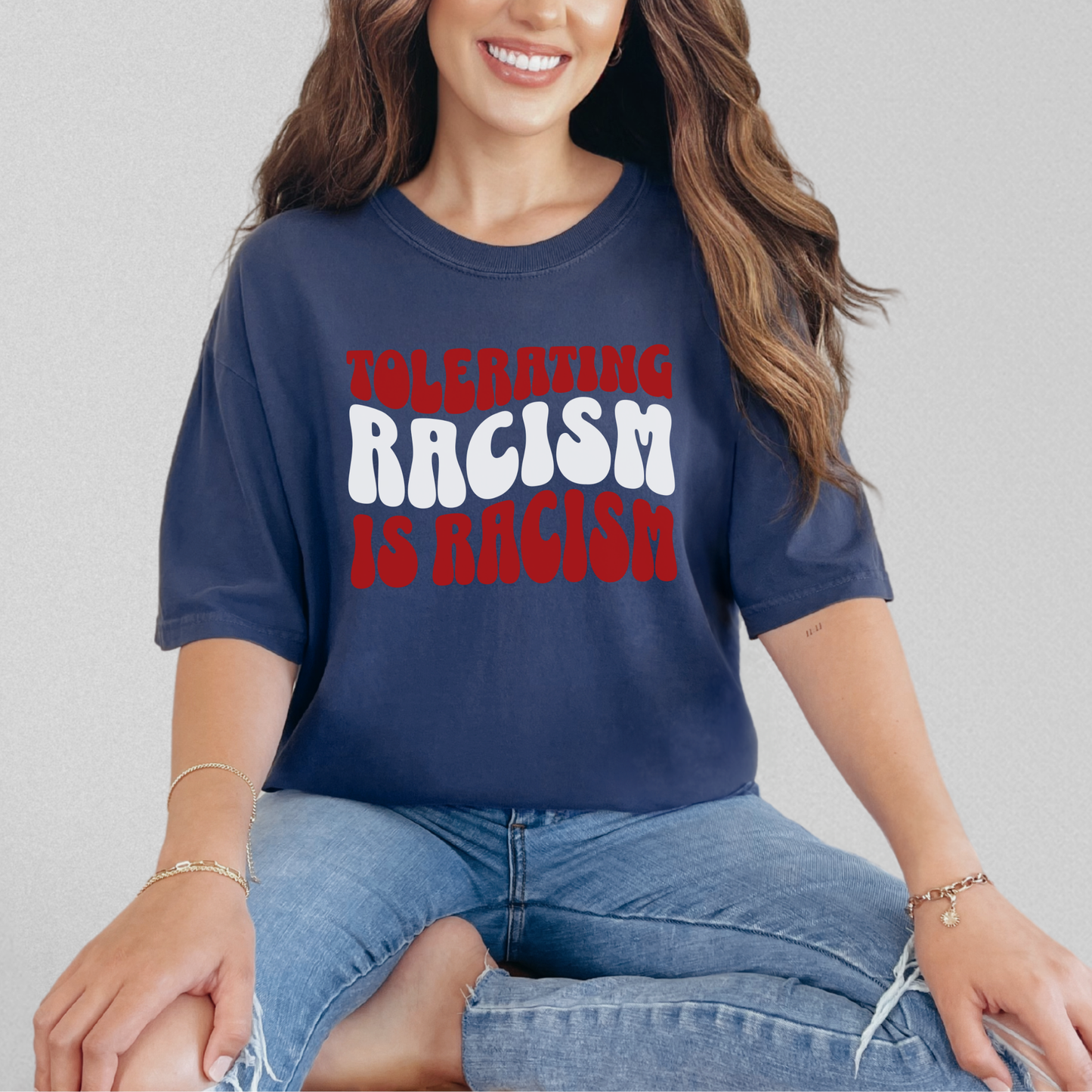 Tolerating Racism Is Racism Stacked Retro Graphic Comfort Colors T-Shirt