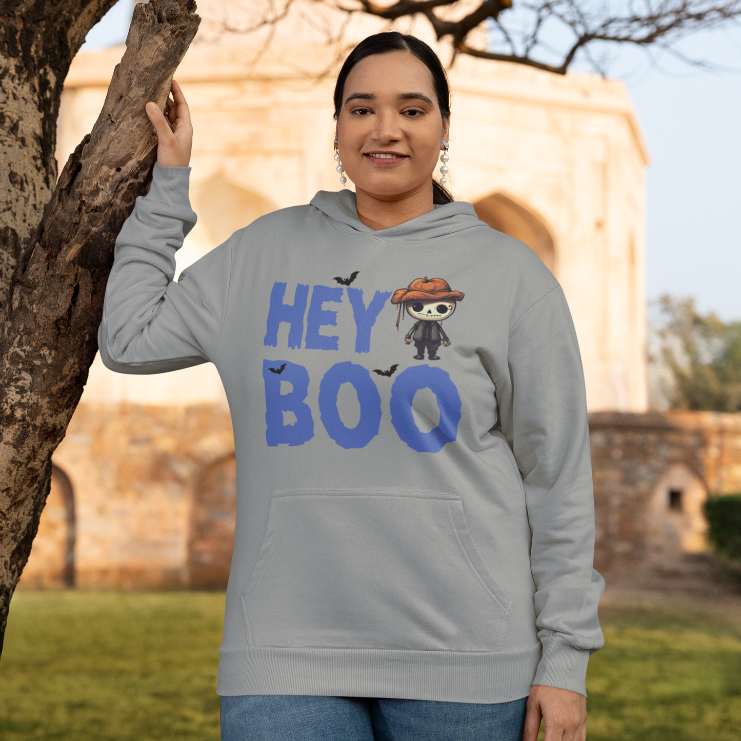 Hey Boo Cozy Adorable Skeleton Halloween Hooded Sweatshirt
