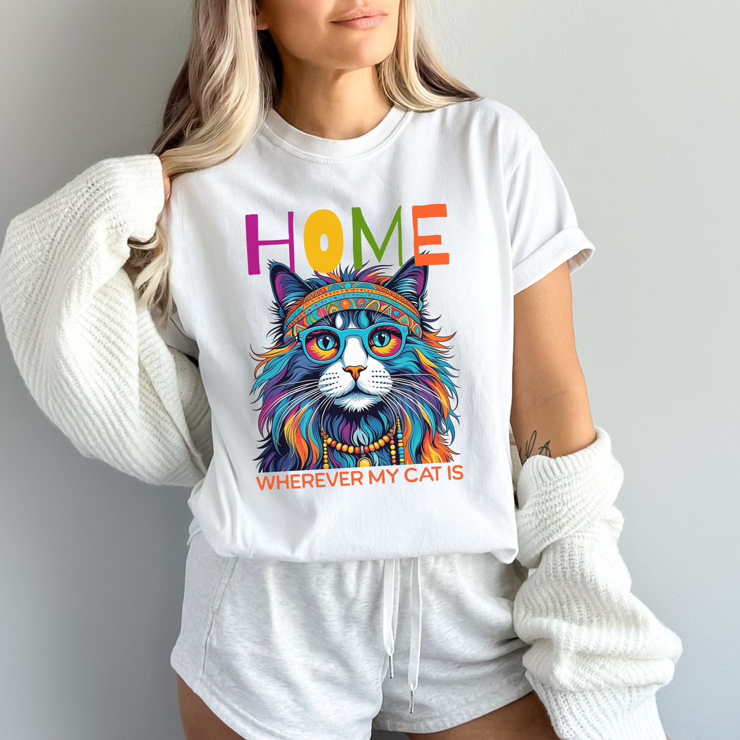 Home Wherever My Cat Is Colorful Cat T-Shirt